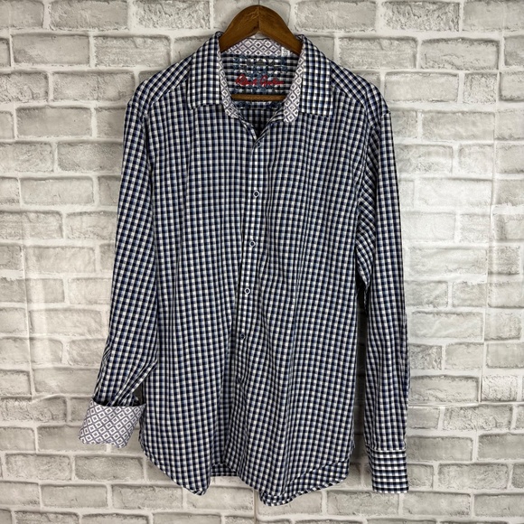 Robert Graham Designer Tri-Blue Plaid Flip Cuff Button Up Dress Shirt Mens XL - Picture 2 of 8